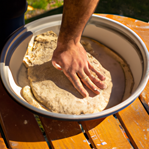 A person preparing the dough for dutch oven pizza, stretching it into a round shape.