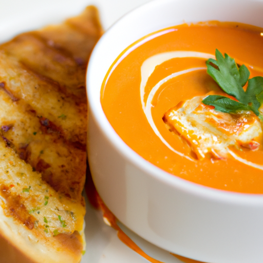 A creamy and velvety tomato bisque topped with fresh herbs and served with a grilled cheese sandwich.