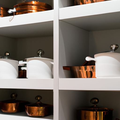 High end cookware neatly stored in a kitchen cabinet.